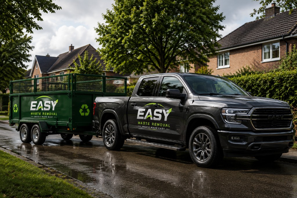 Easy Waste branded pickup truck towing a green waste trailer