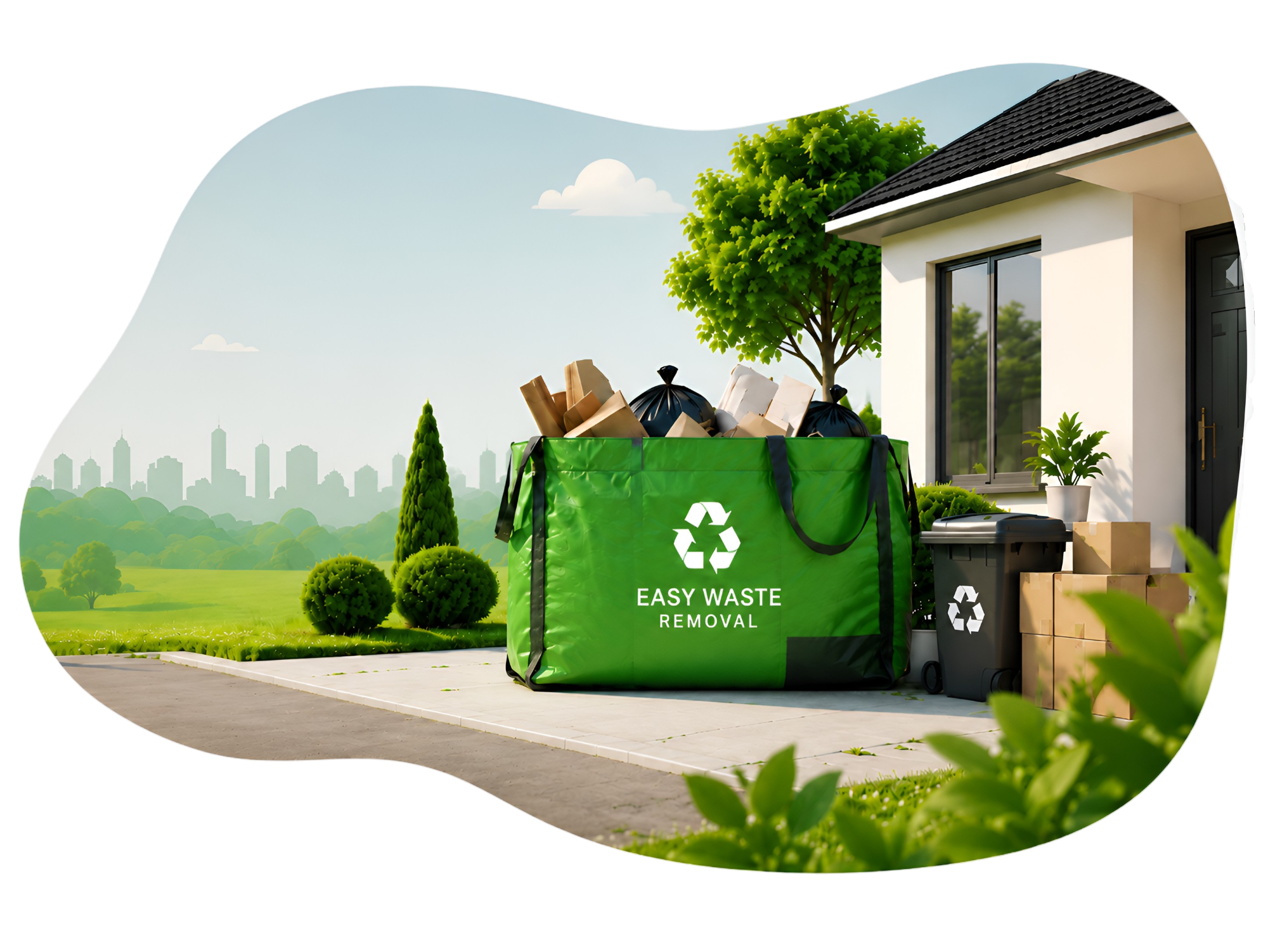 Easy Waste skip bag on a driveway with house and recycling bins
