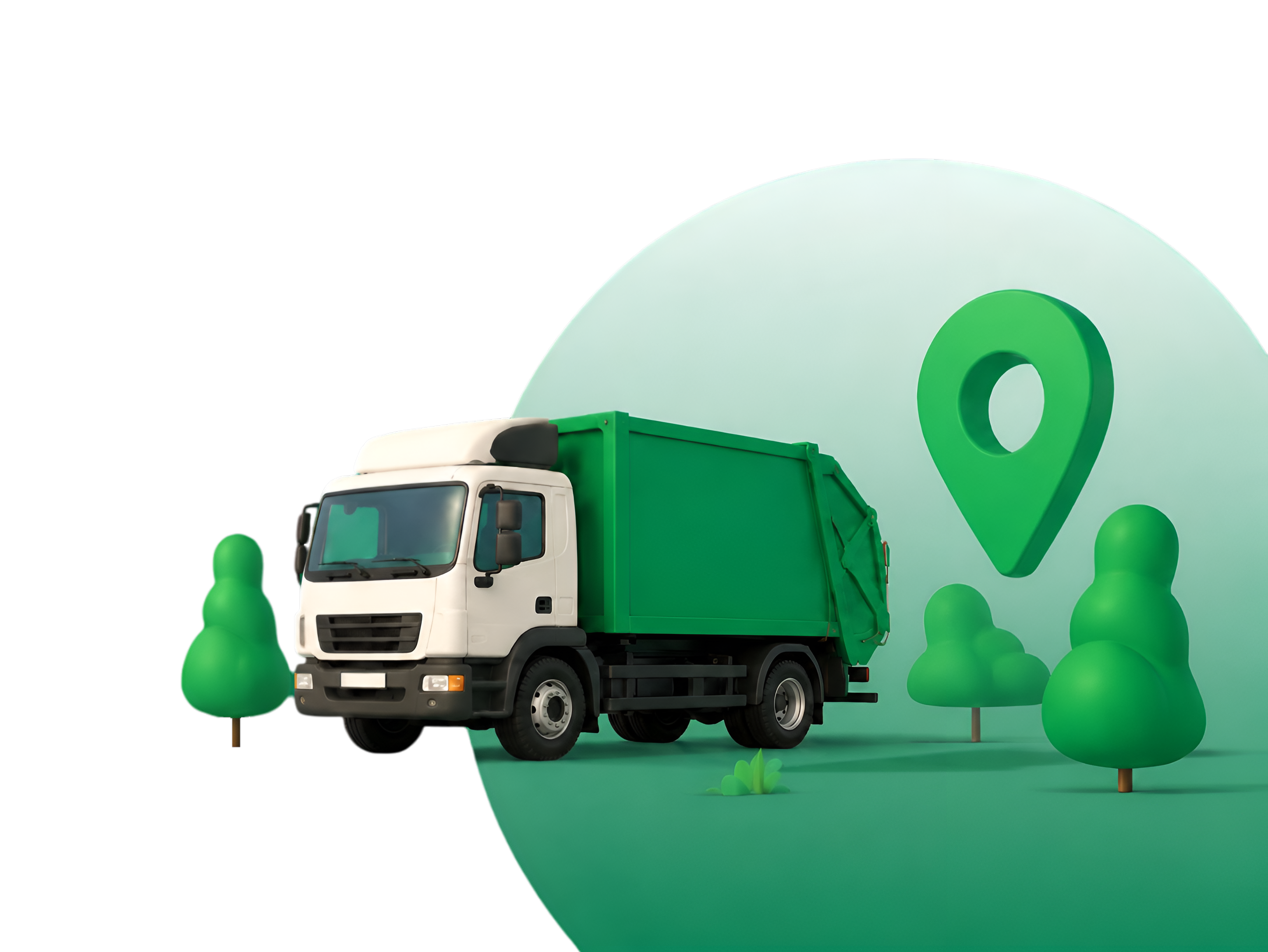 Illustration of a green waste truck and map pin