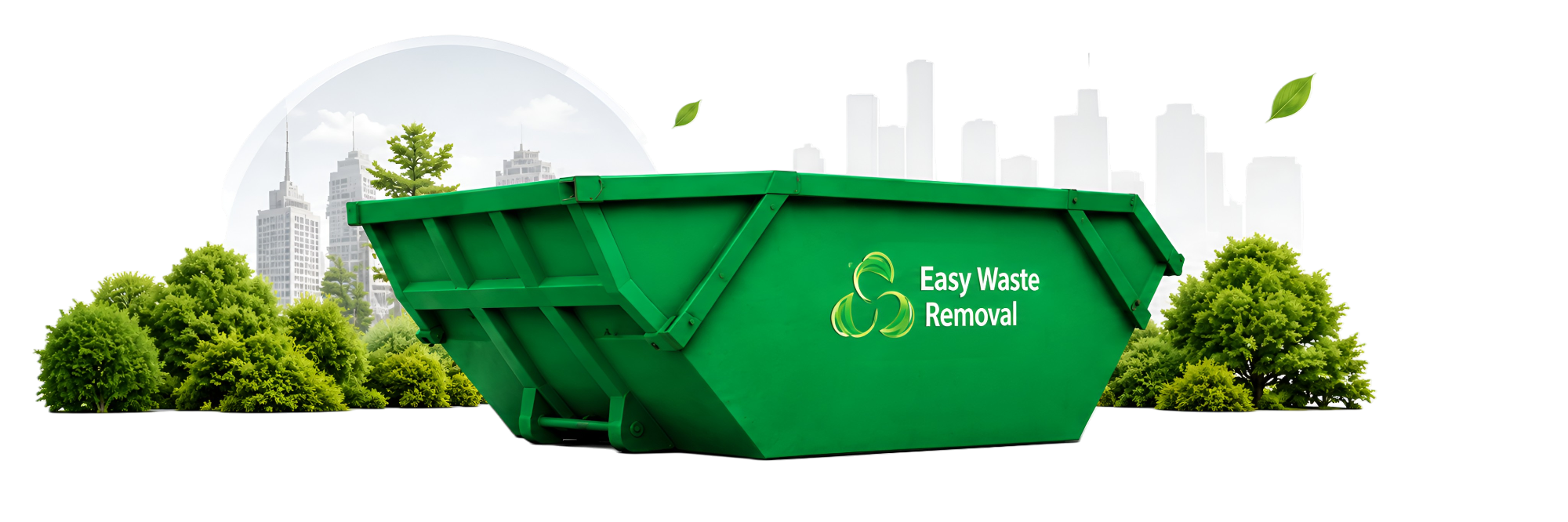 Green Easy Waste skip with Dublin skyline and trees